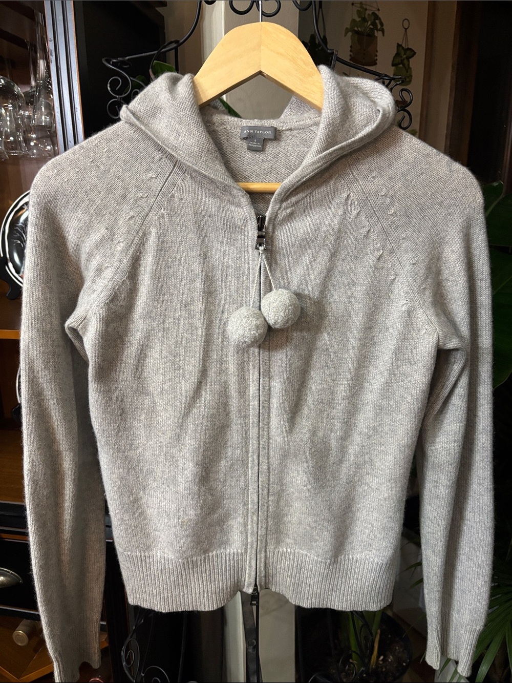 Ann Taylor Cashmere Light Gray Hooded Zip Cardigan with Pom Pom Ties